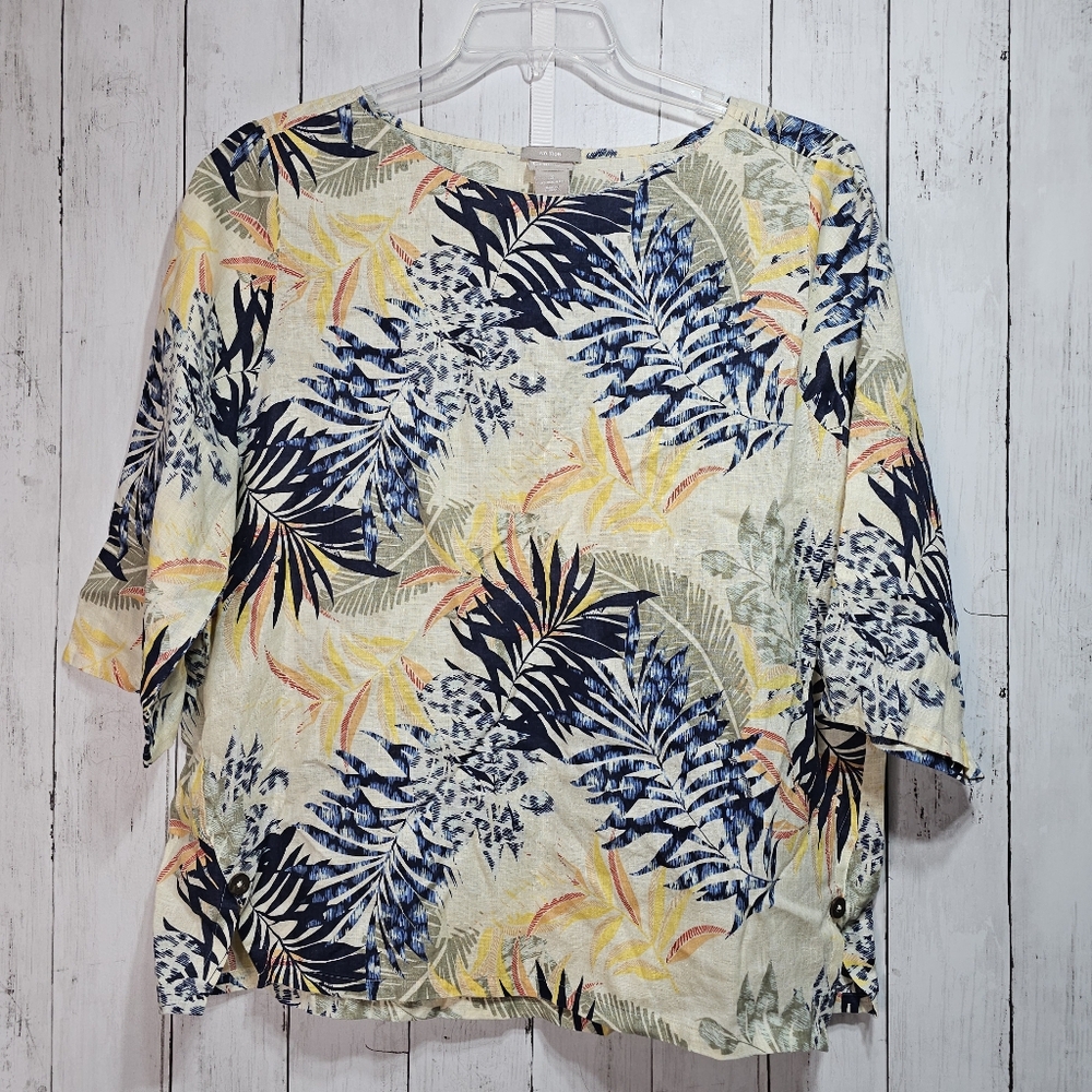 CHICO’S No-Iron Linen Palm-Print Side-Button Pullover Beachy Size 3 US XL 16-18.